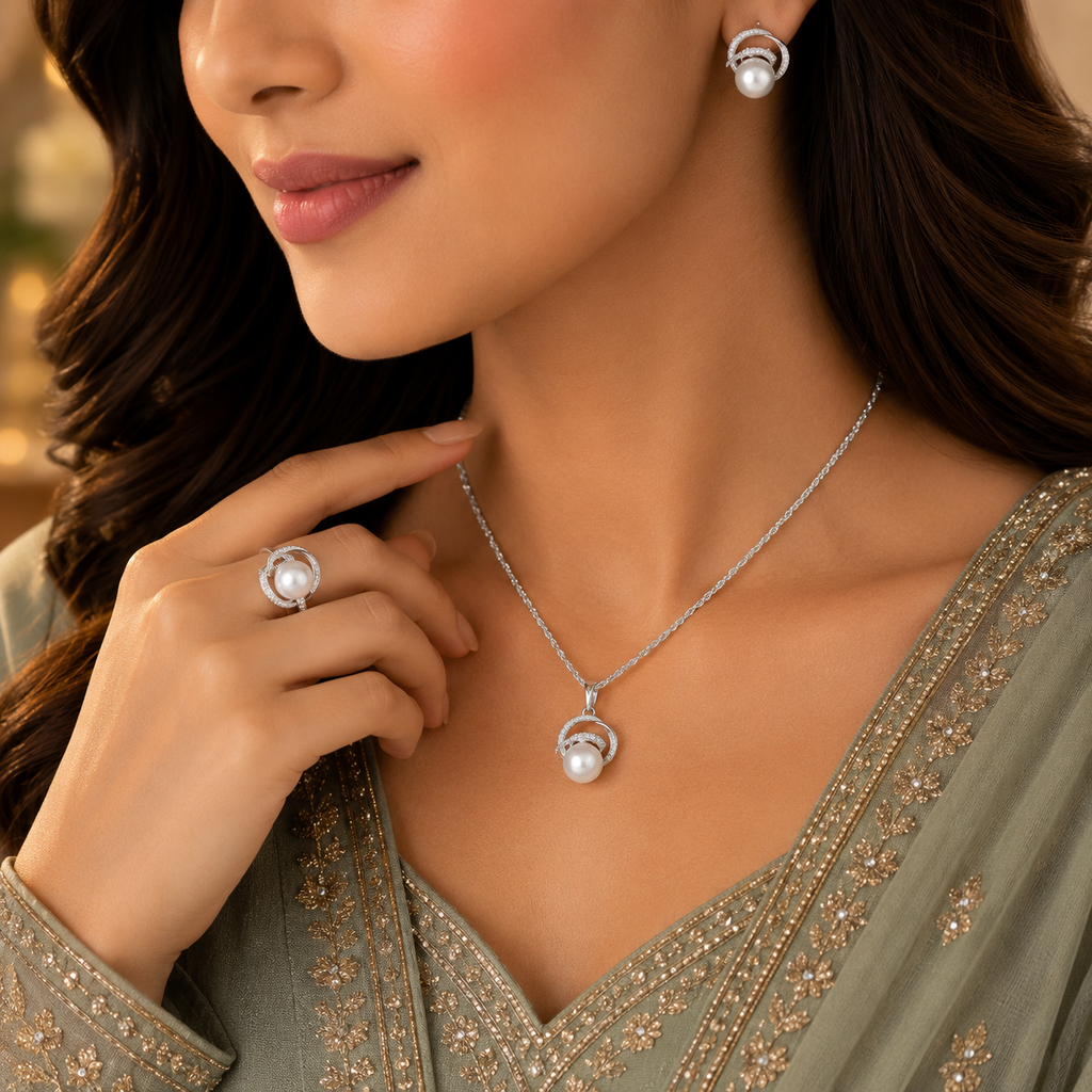 Woman wearing pearl CZ orbit 3-piece jewelry set in silver-tone including pendant necklace ring and stud earrings styled with a sage green embroidered Pakistani formal outfit