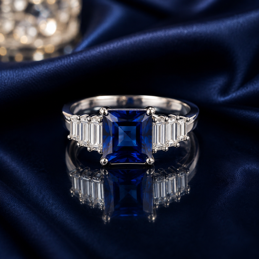 Navy blue CZ princess cut center stone ring with baguette white CZ side accents in polished silver-tone finish for women