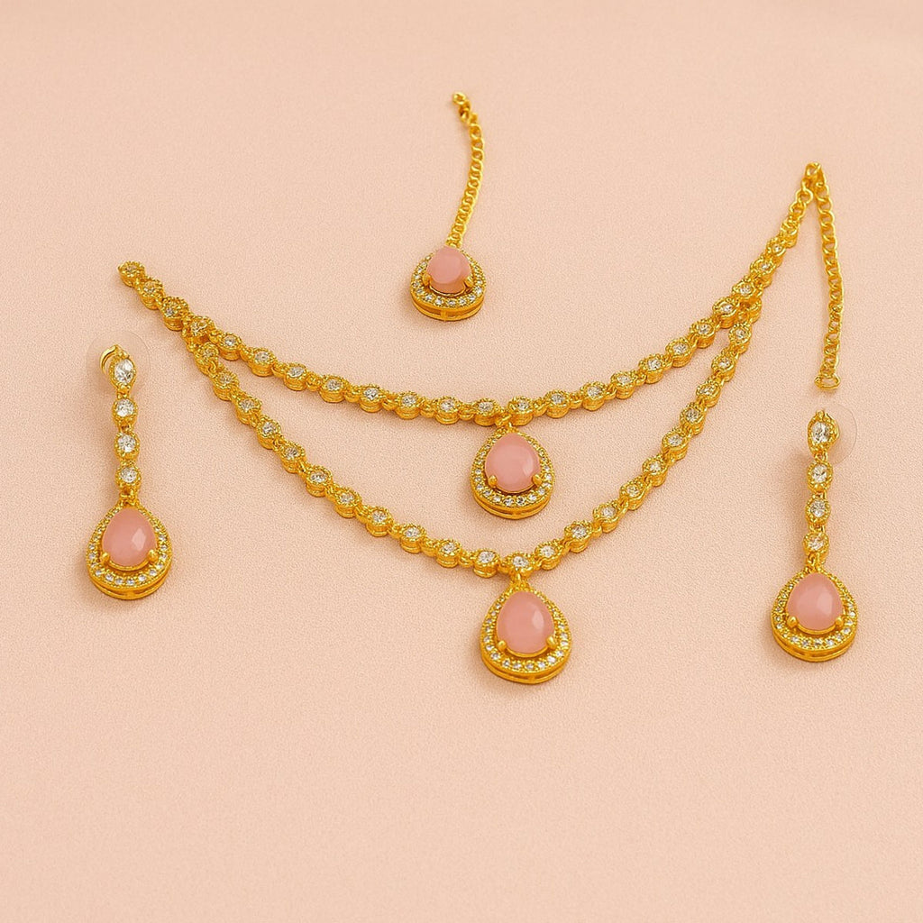 Gold Plated Necklace Set with Pink Stones – Elegant Bridal & Party Wear