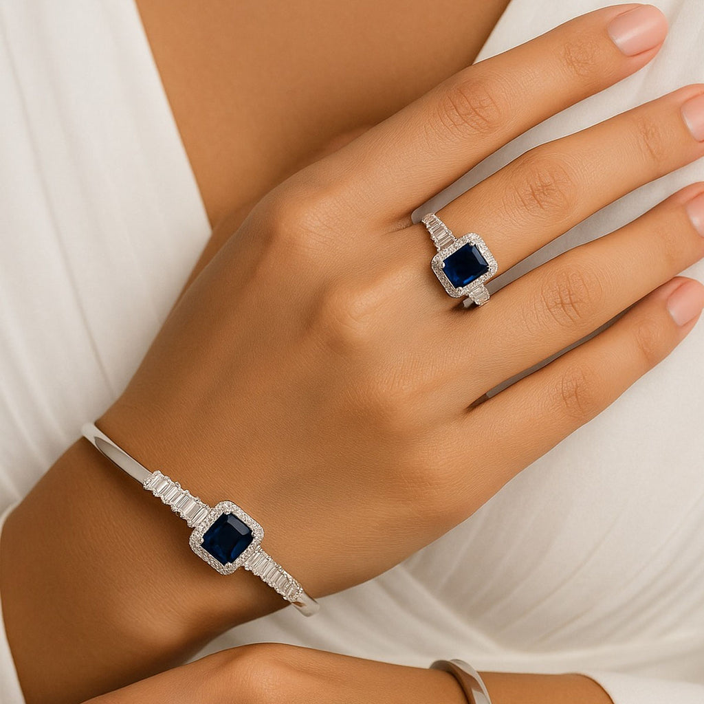 Silver-Plated Blue Sapphire Bracelet & Ring Set – Luxury Zircon Jewelry