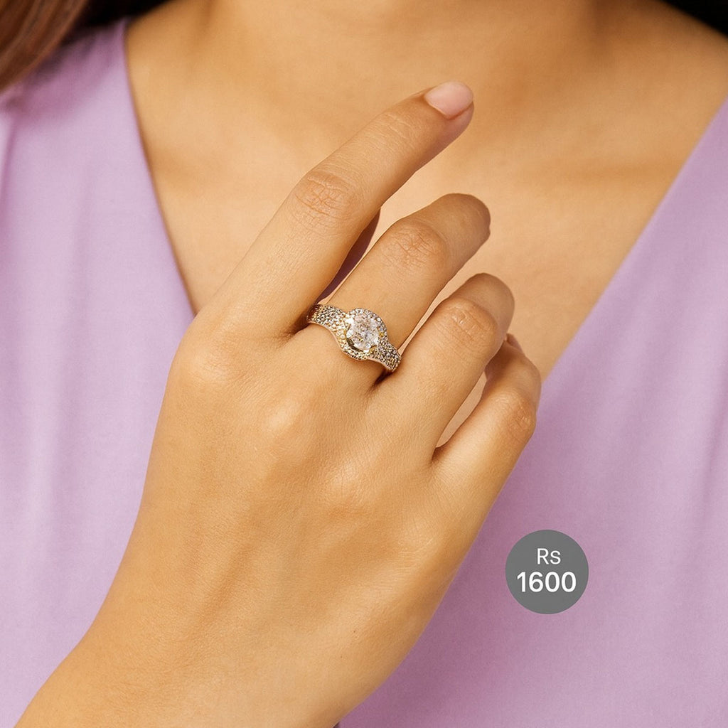 Gold Halo Round-Cut Crystal Ring with Pave Band
