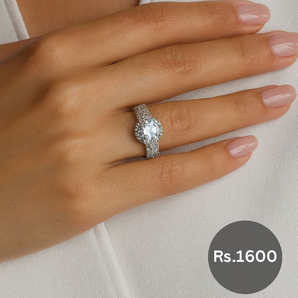 Gold Halo Round-Cut Crystal Ring with Pave Band