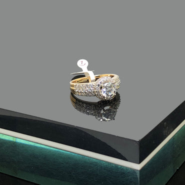 Gold Halo Round-Cut Crystal Ring with Pave Band