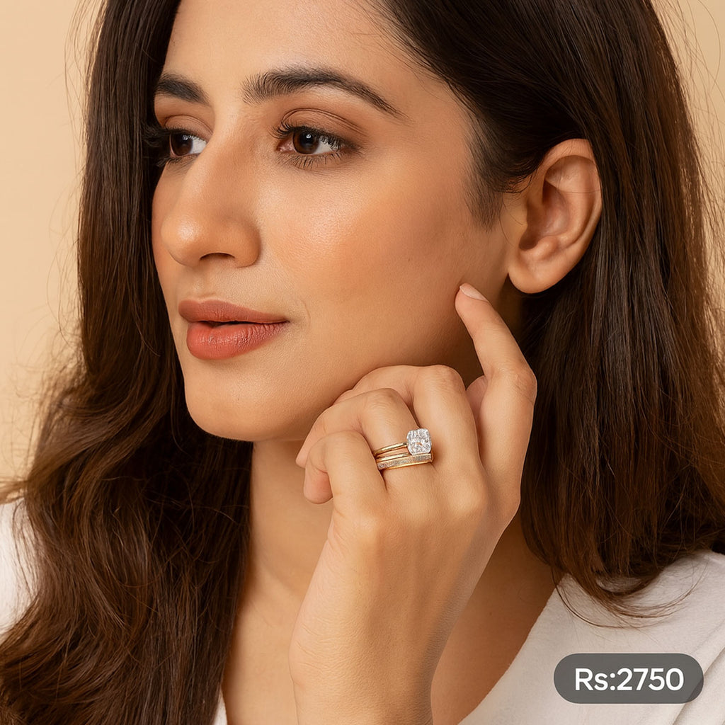 Princess Cut Double Band Gold Ring Set