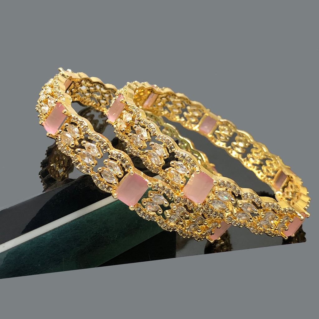 Elegant Gold Plated Bangles with Pink Stone and Cubic Zirconia