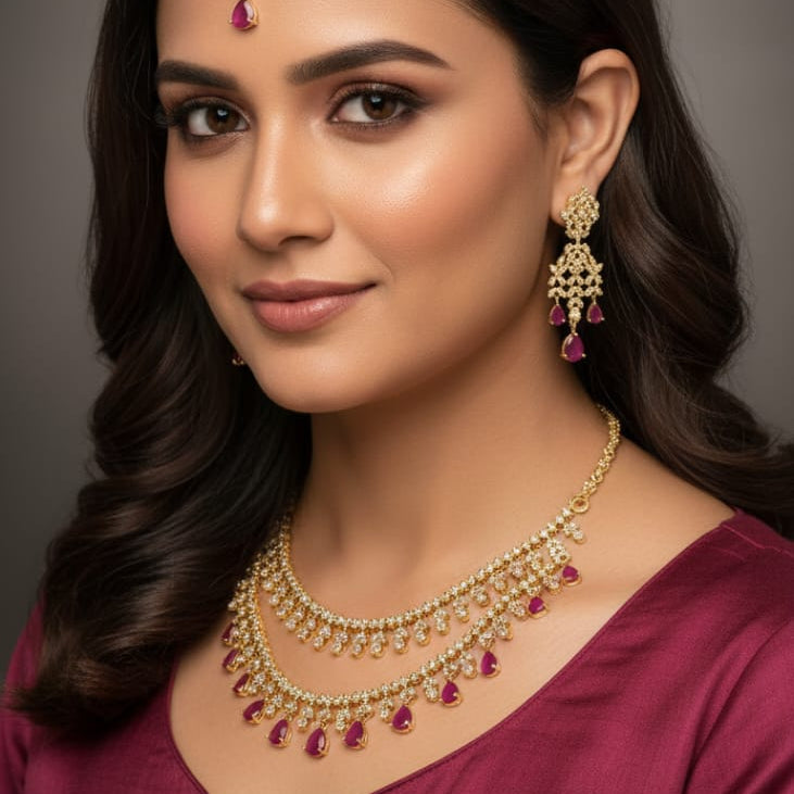 Dual-Layer Ruby Pink & Crystal Bridal Set – Rs. 7,250