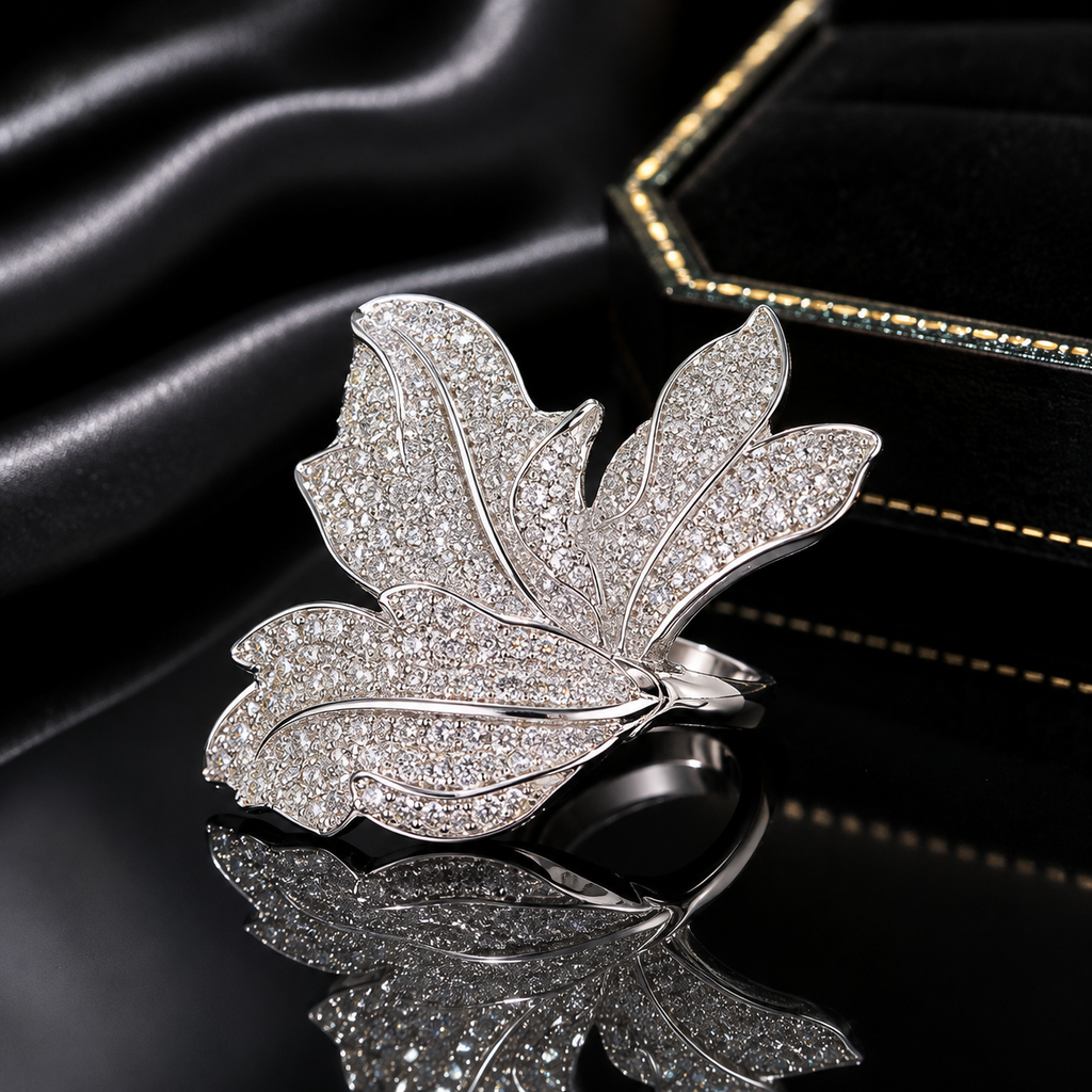 CZ pave leaf statement ring silver-tone fully encrusted with cubic zirconia fashion jewelry for women