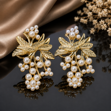 Royal Pearl Leaf Cluster Earrings