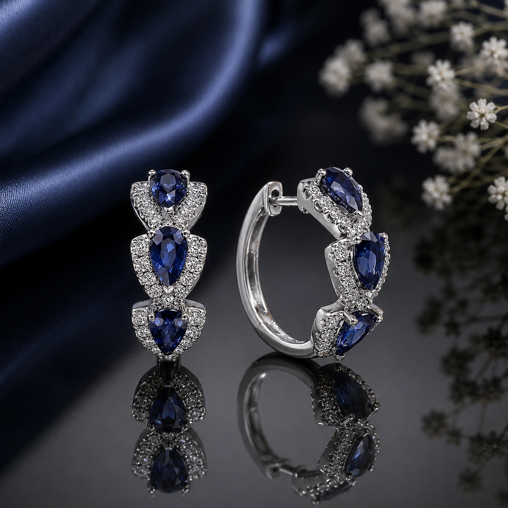 Blue Stone Triple Hoop Earrings