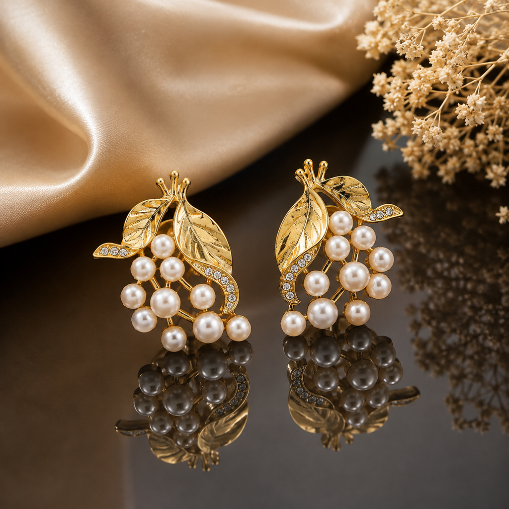 Pearl Leaf Cluster Earrings