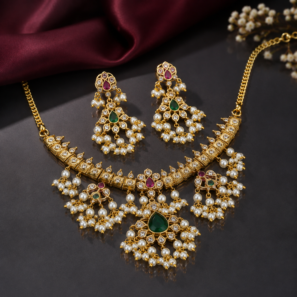 Royal Green & Pink Pearl Necklace Set