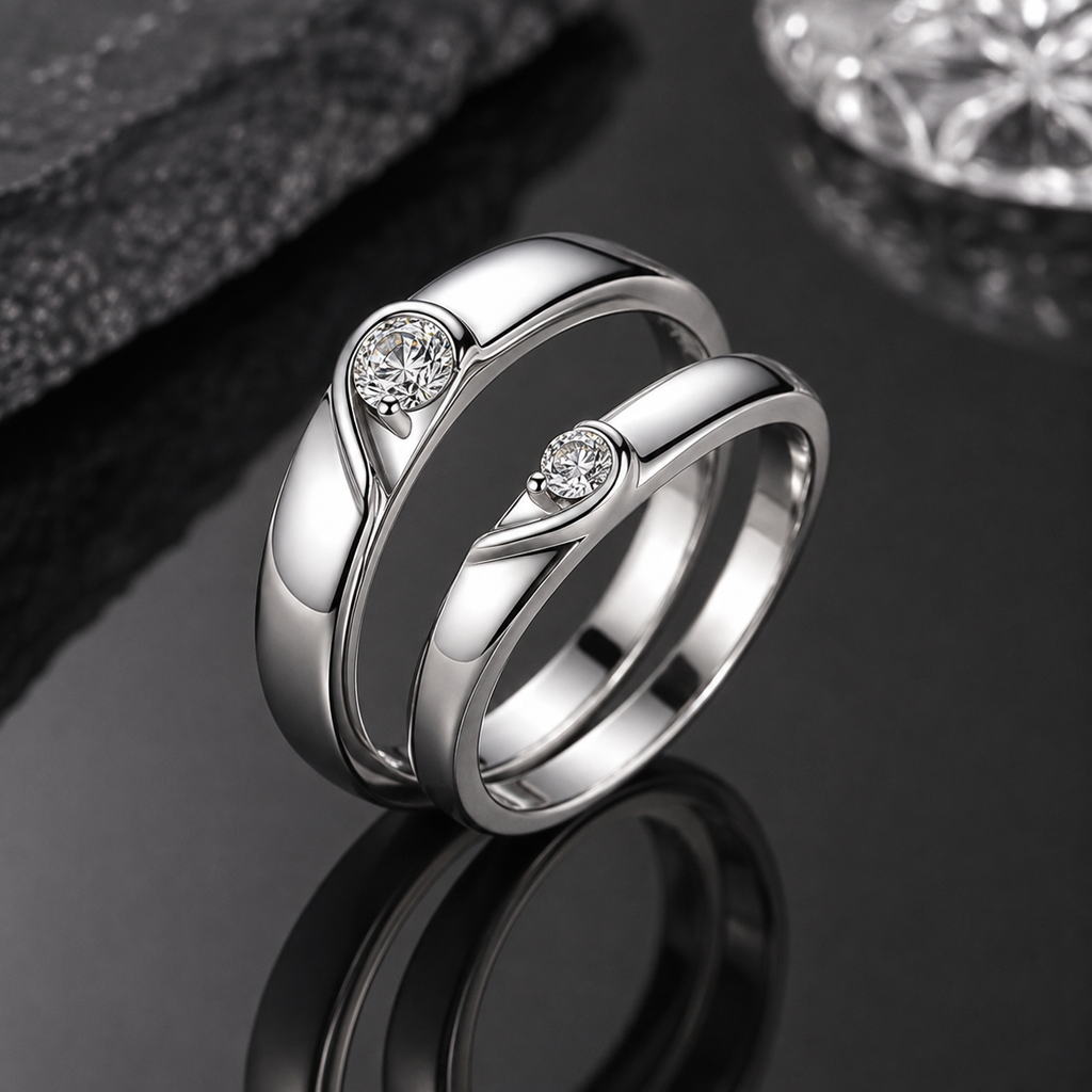 Elegant Silver CZ Couple Rings
