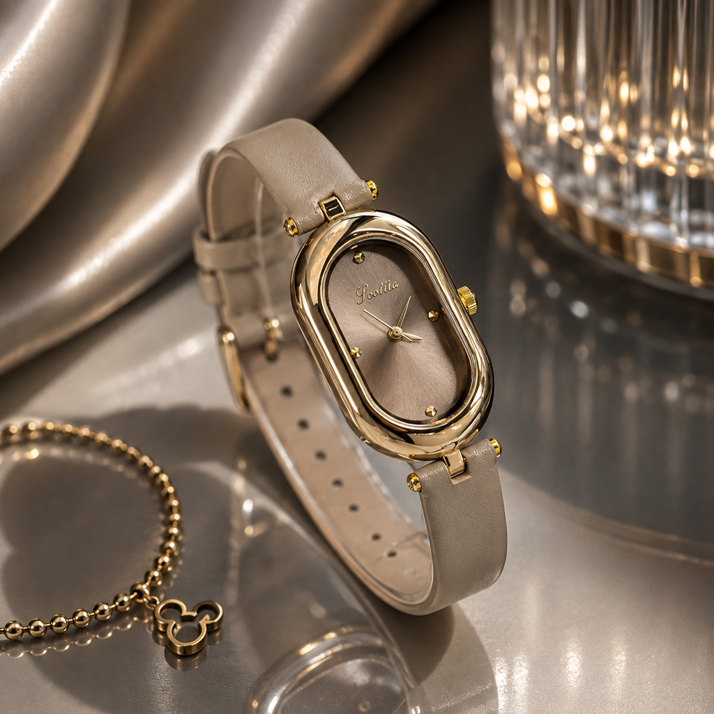 Elegant Oval Dial Leather Strap Watch