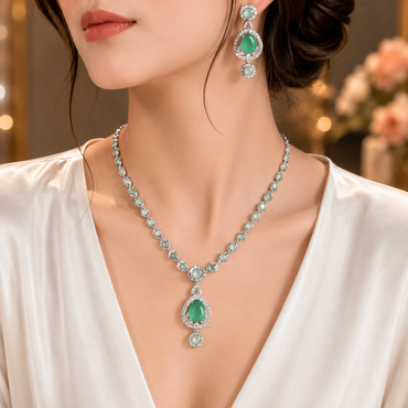 Mint green American Diamond necklace set with teardrop pendant and matching earrings