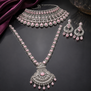 Pink American Diamond bridal necklace set with statement choker, long pendant necklace and matching earrings