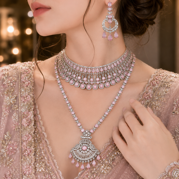 Pink American Diamond bridal necklace set with statement choker, long pendant necklace and matching earrings