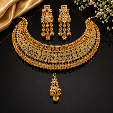 Golden American Diamond bridal choker set with matching earrings and long statement pendant
