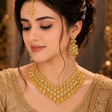 Golden American Diamond bridal choker set with matching earrings and maang tikka