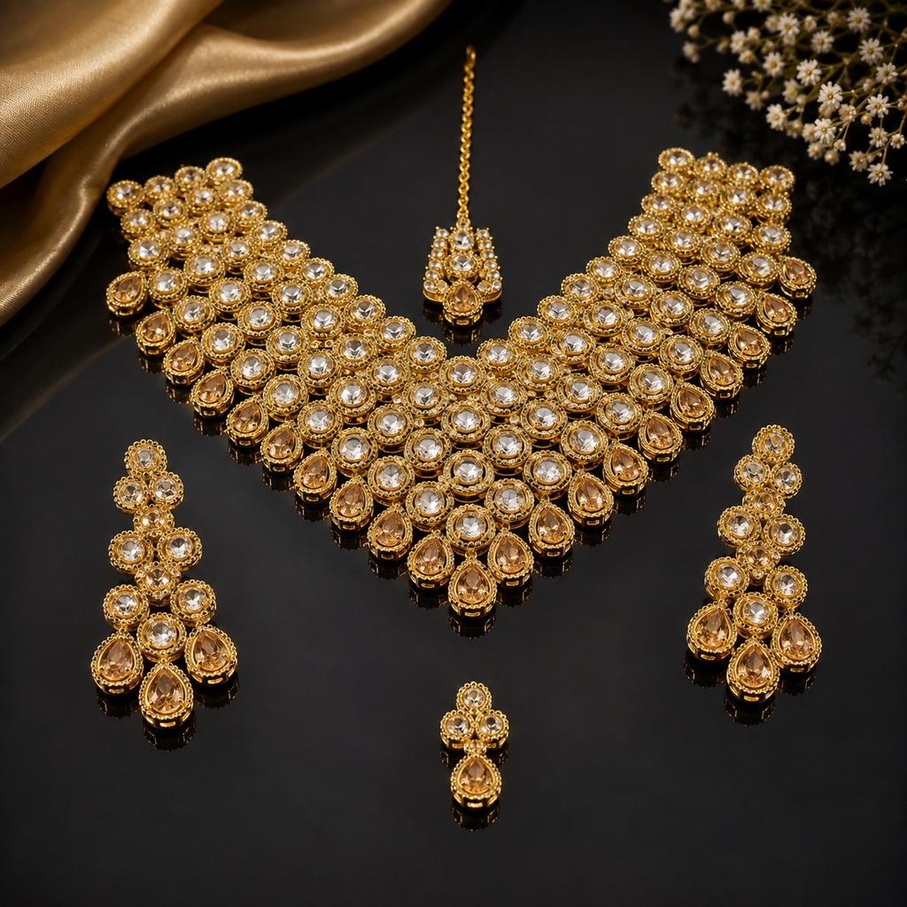 Golden American Diamond bridal choker set with matching earrings and maang tikka