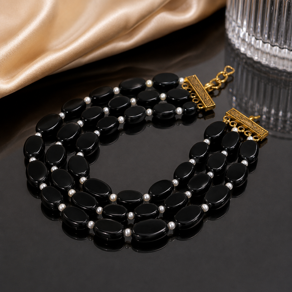 Black & Green Beaded Pearl Bracelet