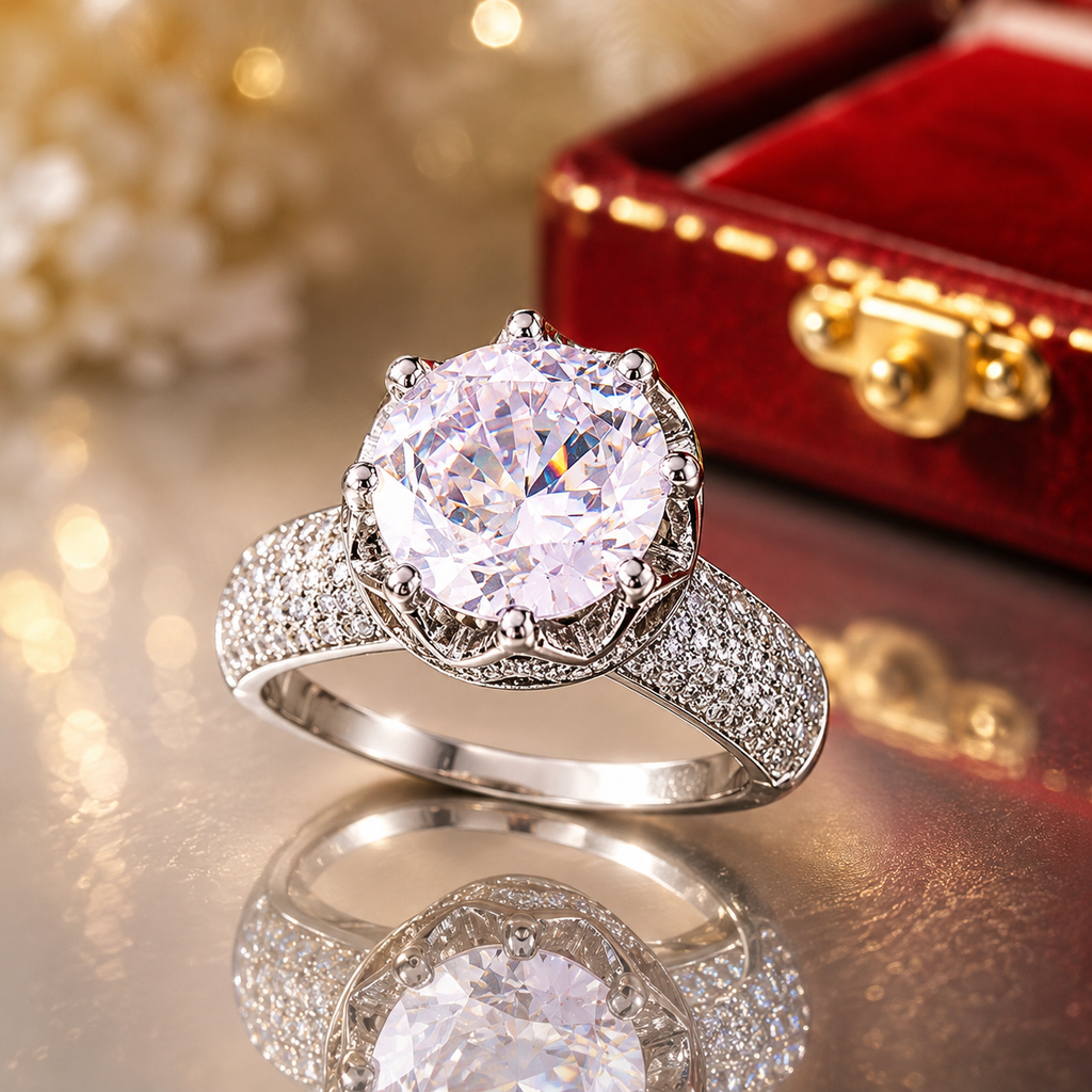 Silver-tone solitaire crystal statement ring with sparkling detailed band