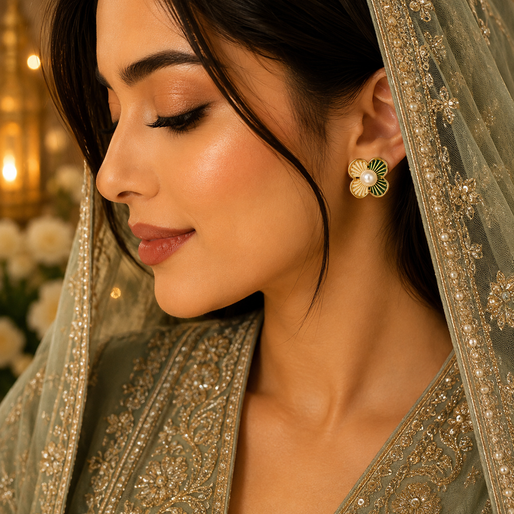 Elegant green enamel flower stud earrings with pearl center and gold-tone finish