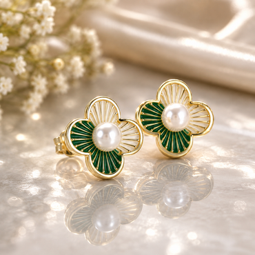 Elegant green enamel flower stud earrings with pearl center and gold-tone finish