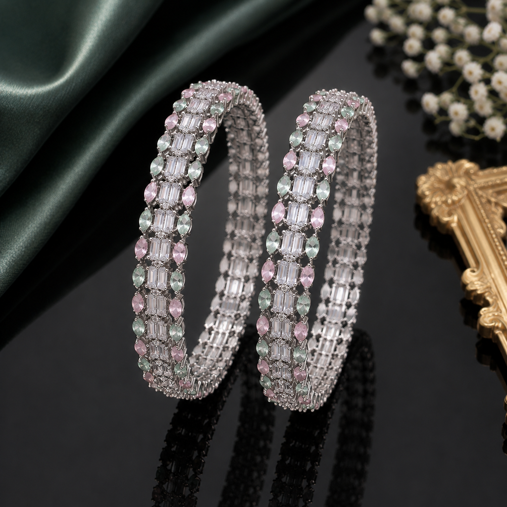 Pastel pink and mint green American Diamond bangles set with sparkling crystal detailing