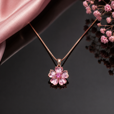 Pink crystal flower pendant necklace with delicate rose gold tone chain