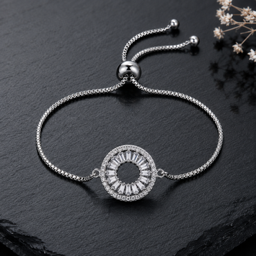 Round crystal adjustable bracelet with colorful stone detailing and silver-tone chain