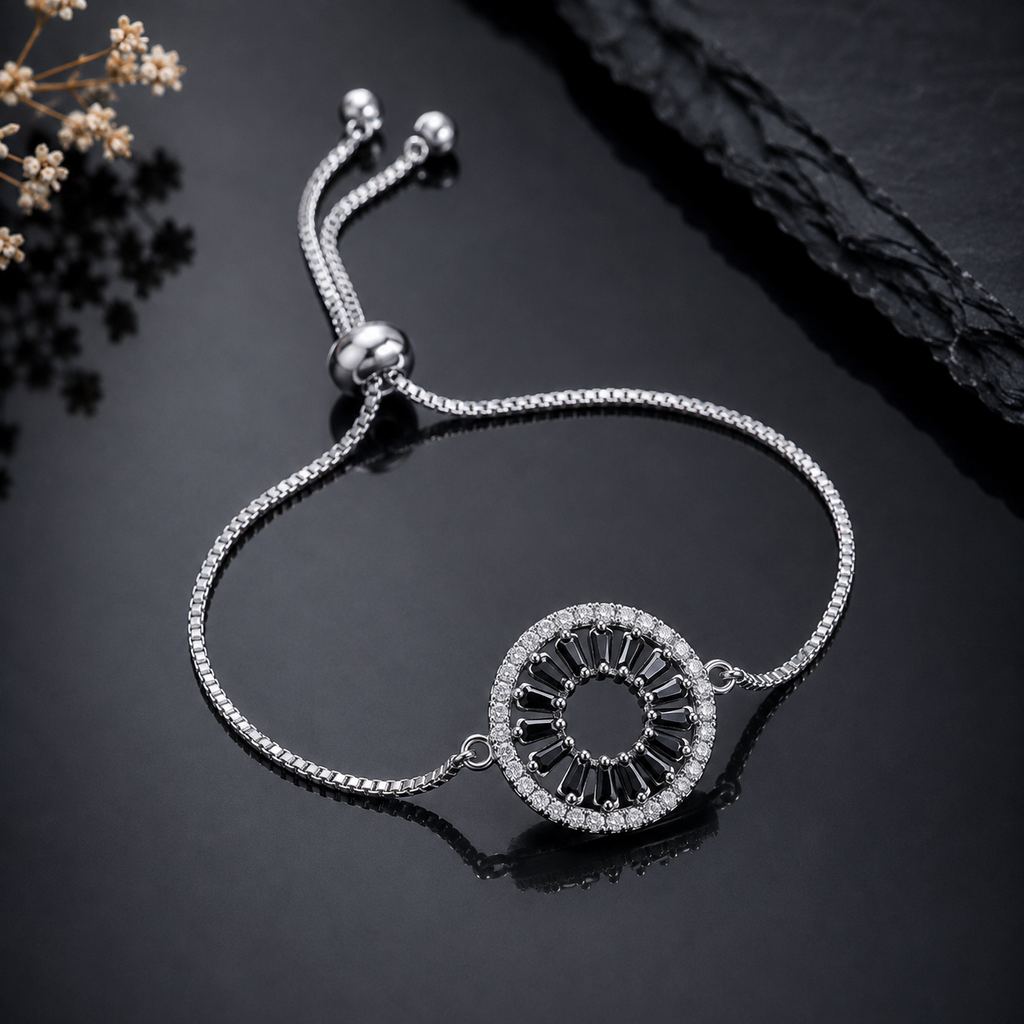 Round crystal adjustable bracelet with colorful stone detailing and silver-tone chain