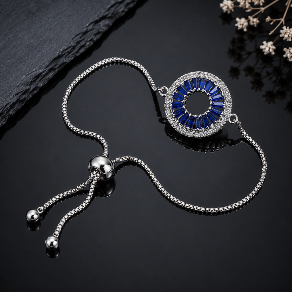 Round crystal adjustable bracelet with colorful stone detailing and silver-tone chain