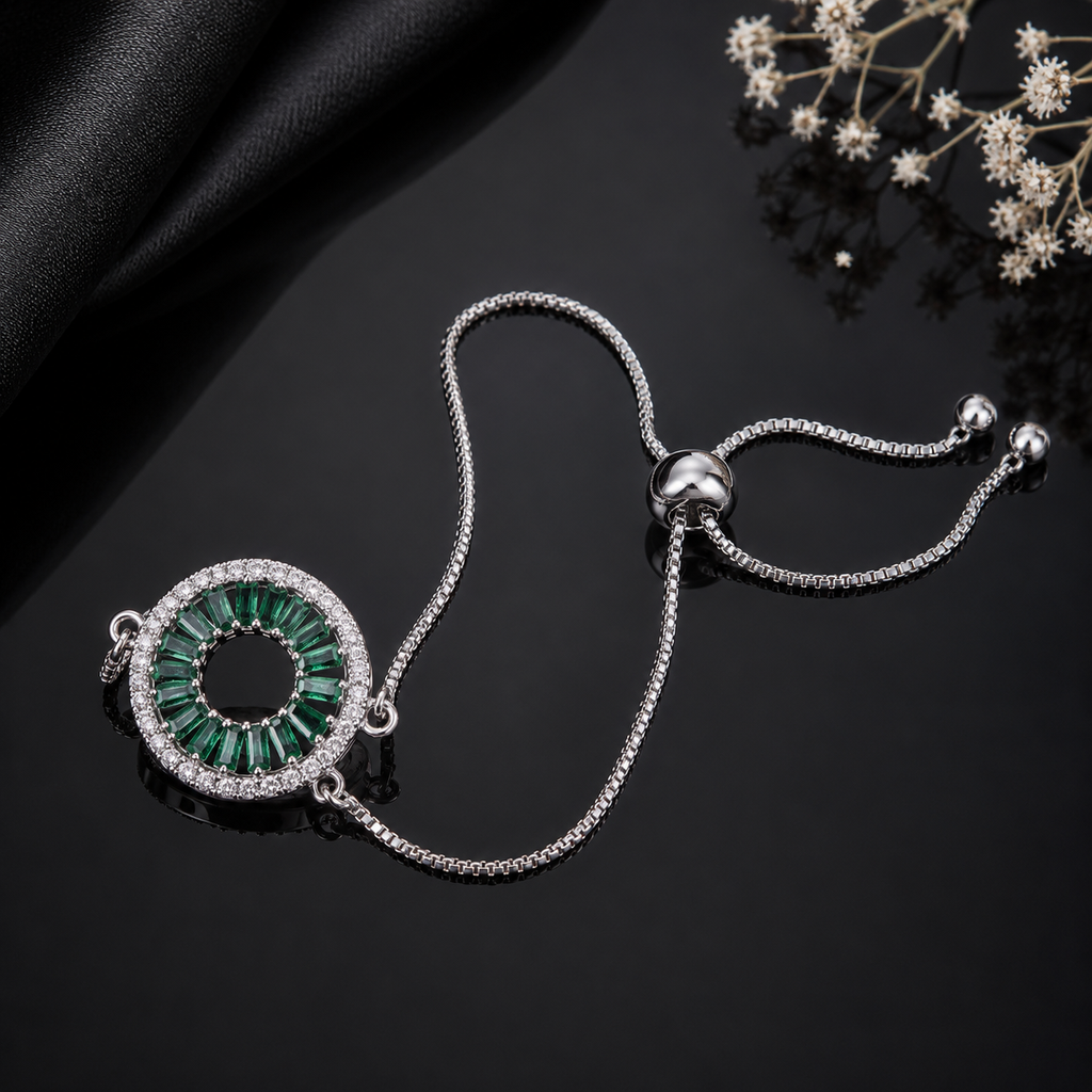 Round crystal adjustable bracelet with colorful stone detailing and silver-tone chain