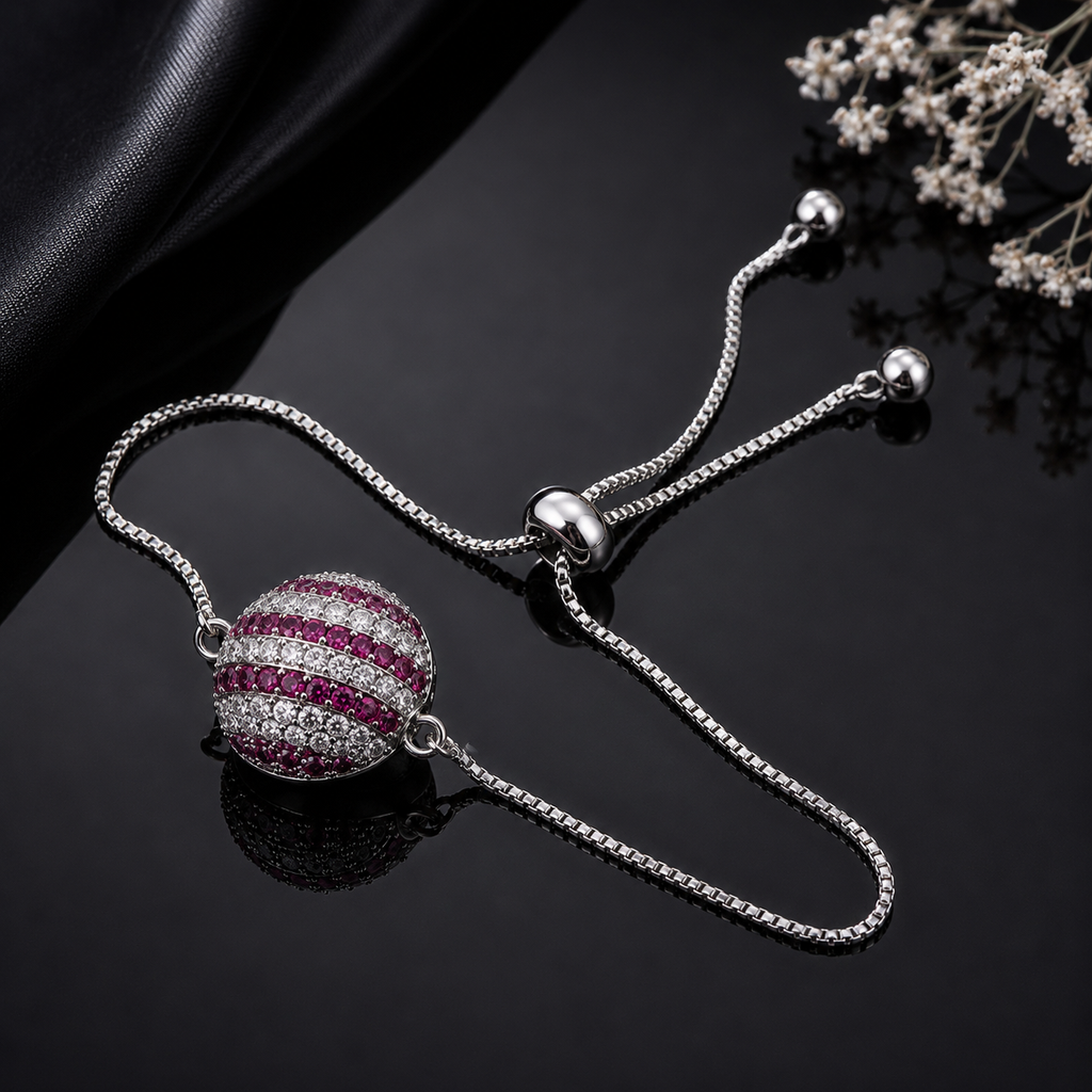 Crystal stripe ball adjustable bracelet with colorful stone detailing and delicate chain