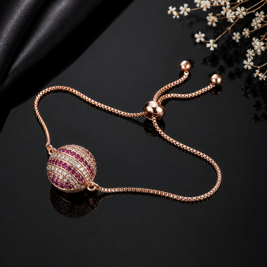 Crystal stripe ball adjustable bracelet with colorful stone detailing and delicate chain