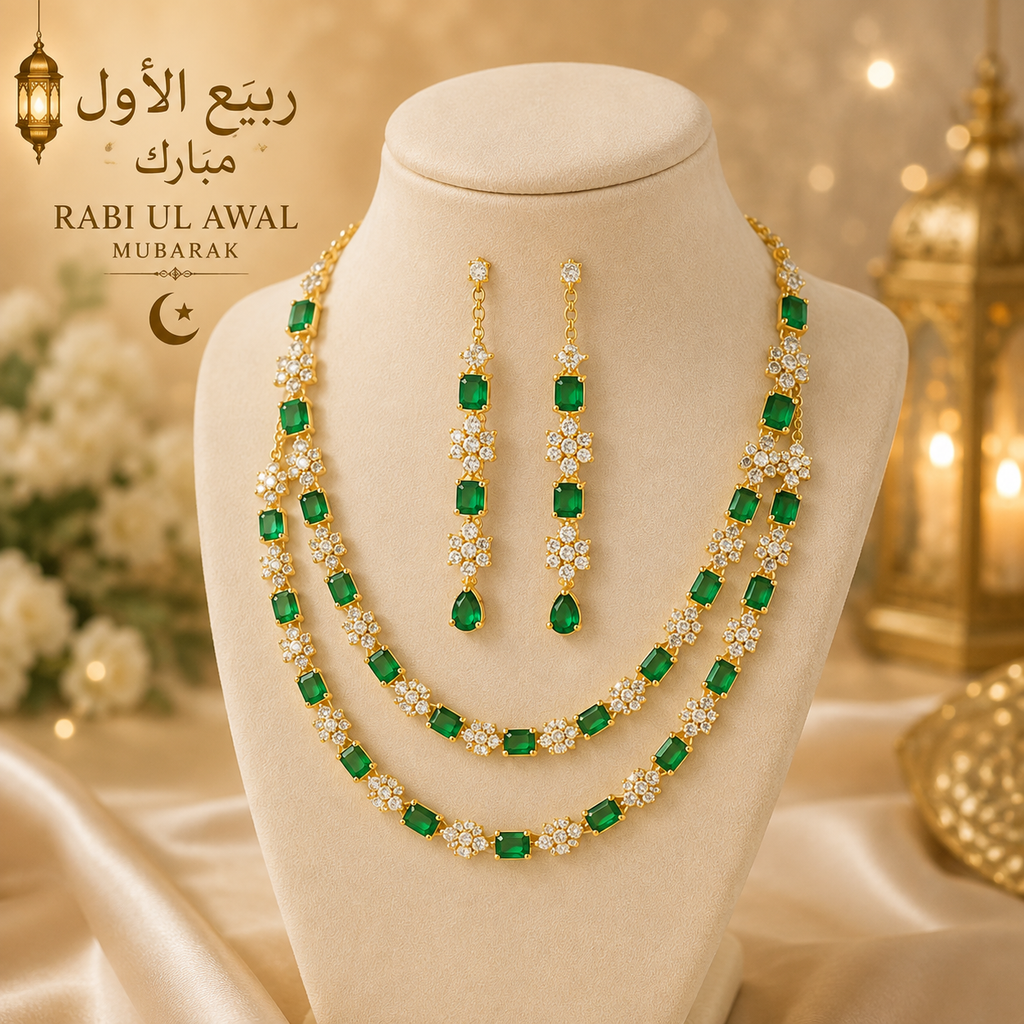 Elegant green emerald-style double-layer necklace set with matching drop earrings