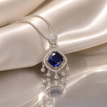 Elegant royal blue sapphire-style pendant necklace with sparkling crystal detailing