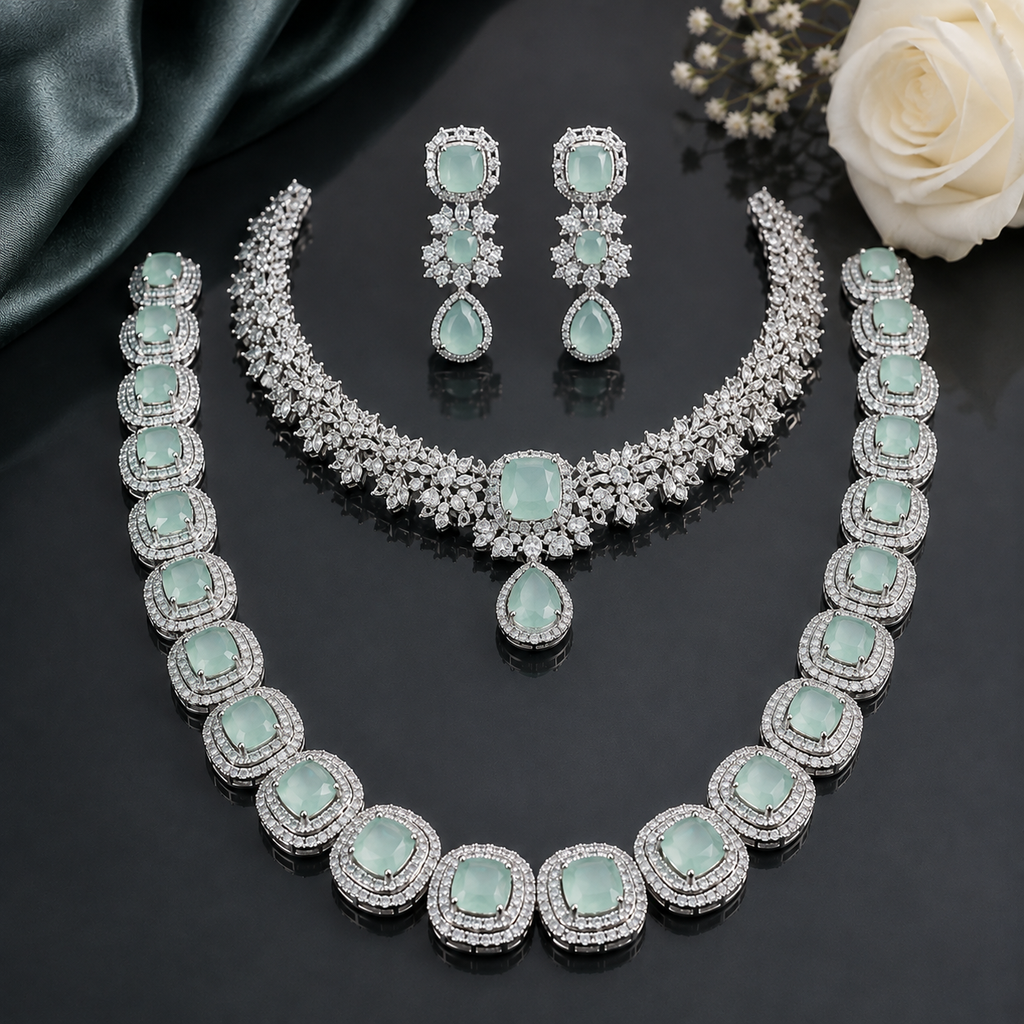 Mint green American Diamond necklace set with layered necklaces, pendant and matching earrings