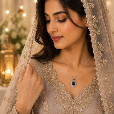 Elegant blue crystal floral pendant necklace with sparkling silver-tone detailing