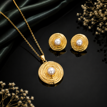 Golden spiral pearl necklace with matching pearl earrings jewelry set