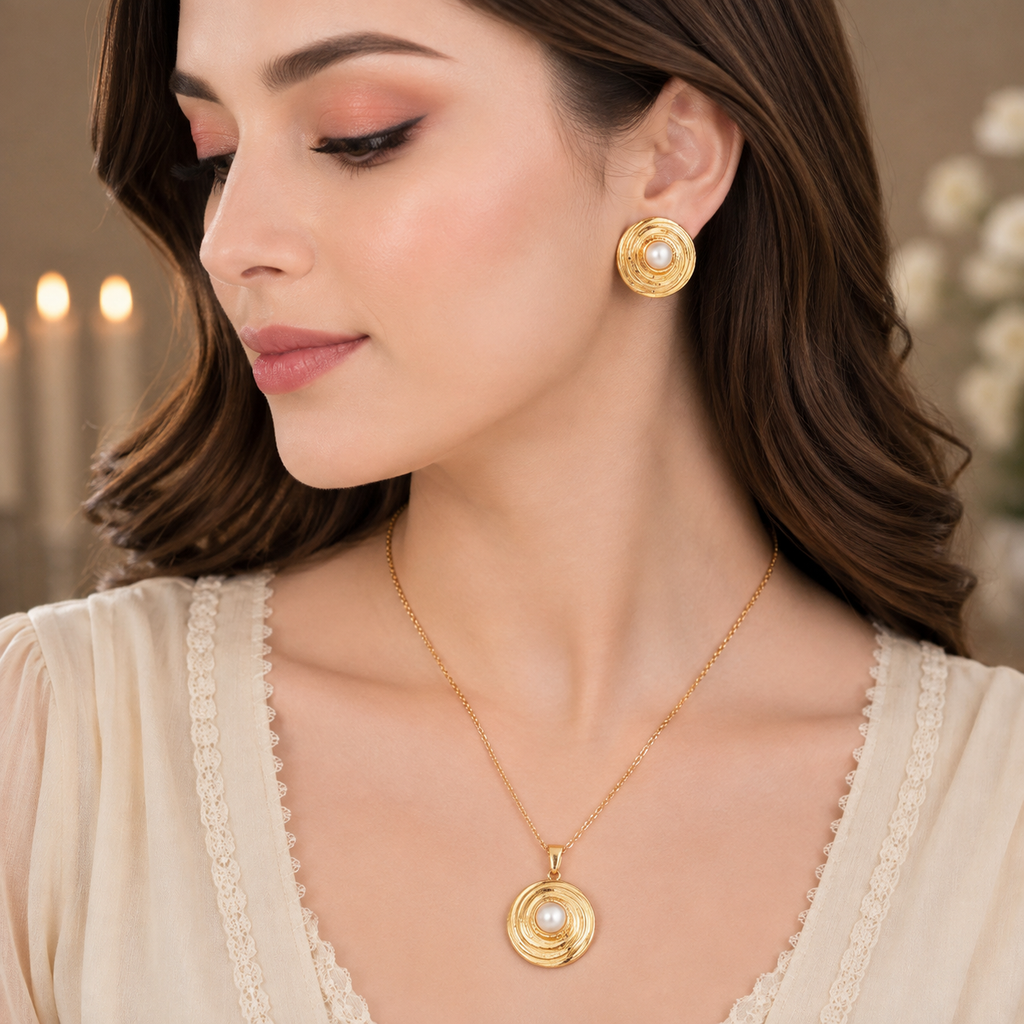 Golden spiral pearl necklace with matching pearl earrings jewelry set