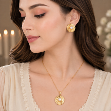 Golden spiral pearl necklace with matching pearl earrings jewelry set