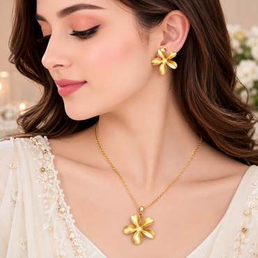 Golden five-petal floral necklace with matching earrings set