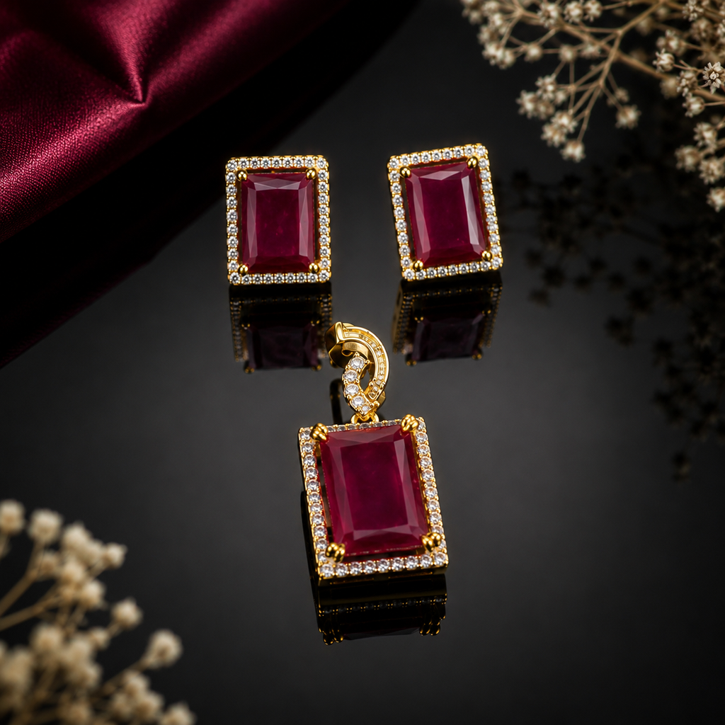 Ruby red rectangular stone necklace and matching earrings set for women