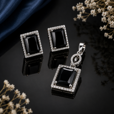 Black rectangular stone necklace and matching earrings set for women