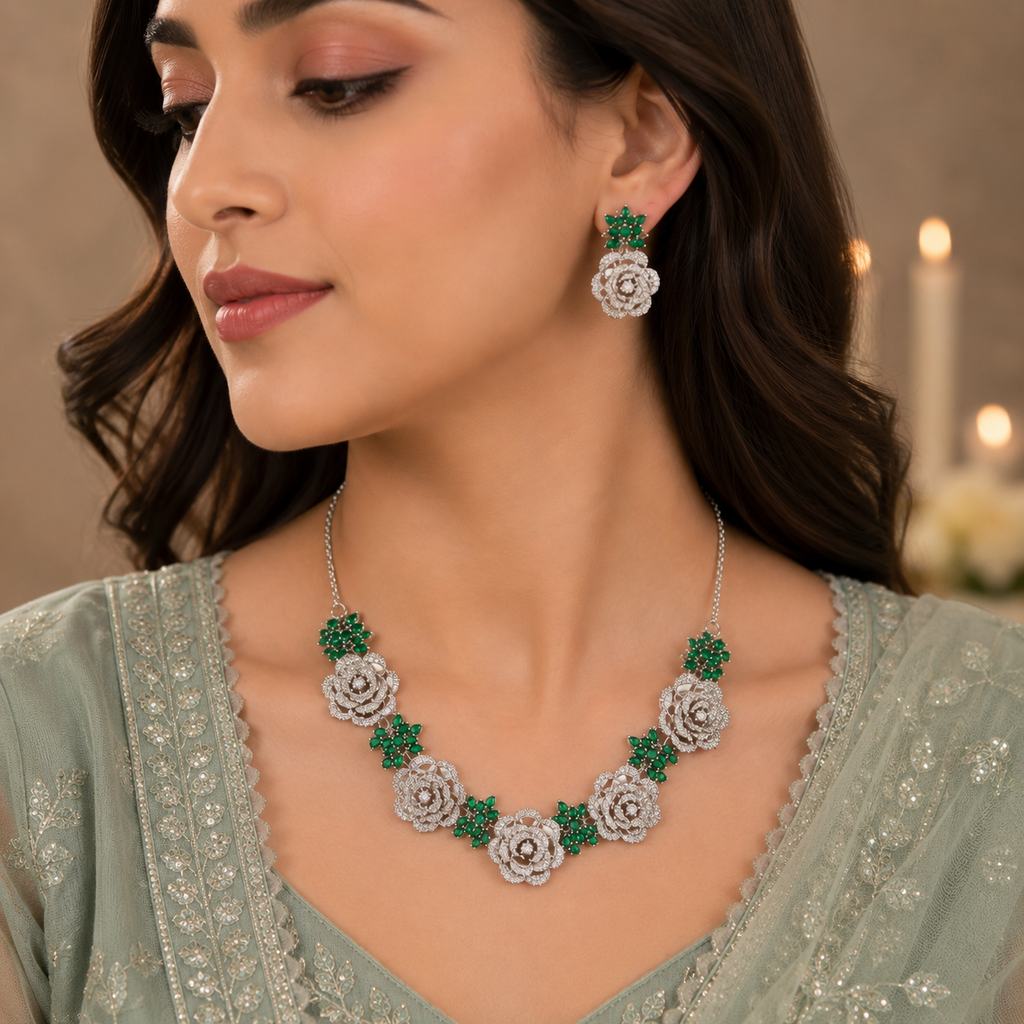 Emerald green floral necklace and matching rose earrings jewelry set
