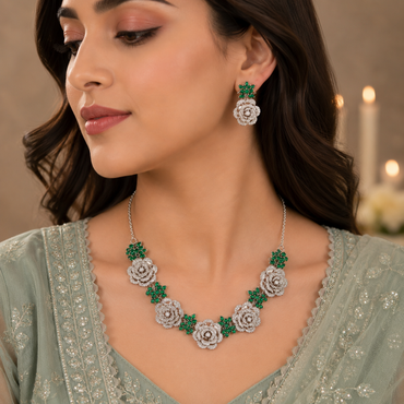 Emerald green floral necklace and matching rose earrings jewelry set