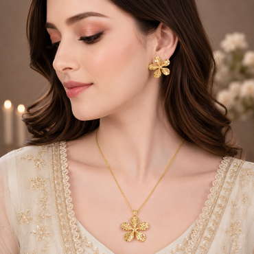 Golden textured floral pendant necklace with matching flower earrings