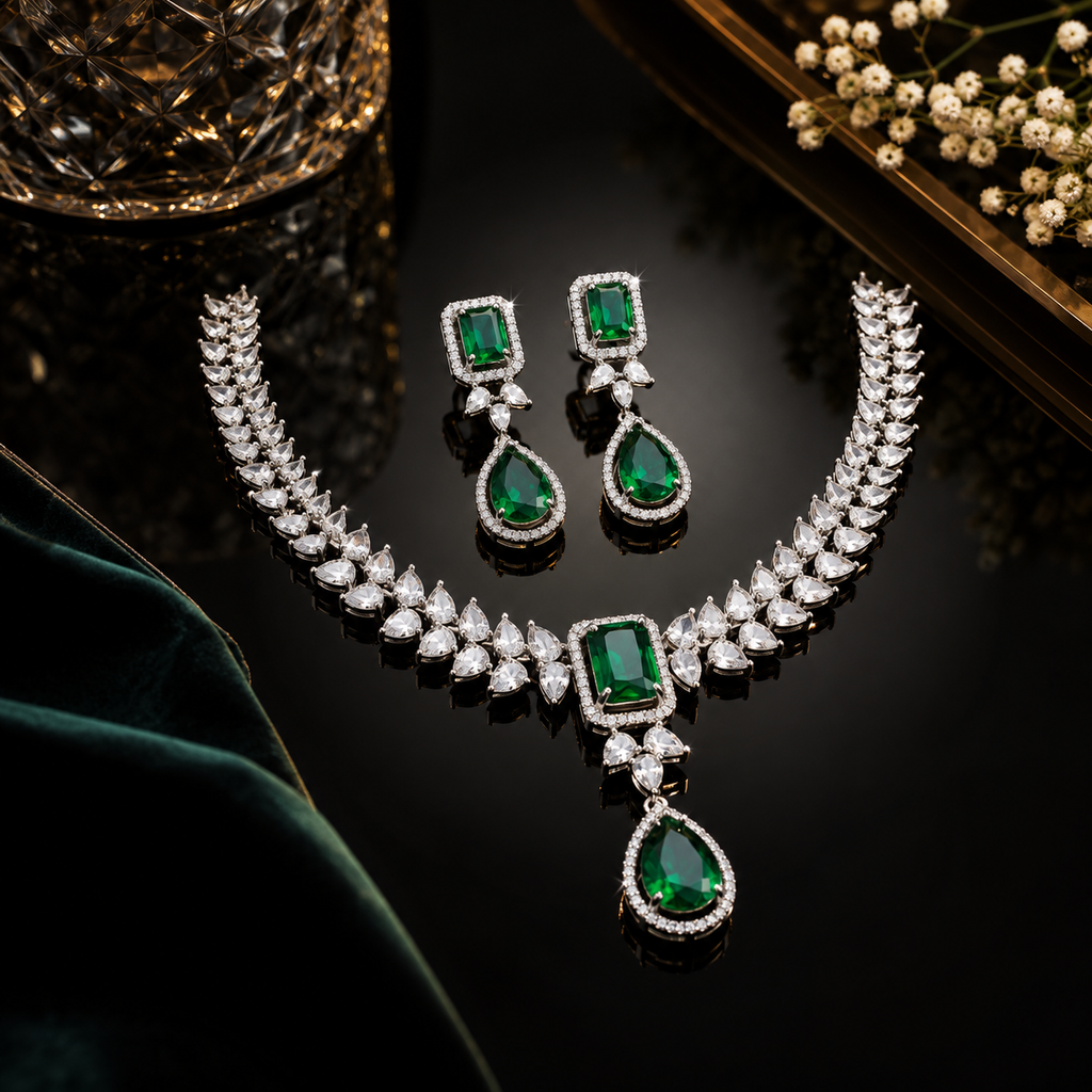 Emerald green American diamond necklace set with matching teardrop earrings in silver finish