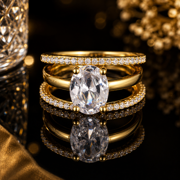 Golden triplet American diamond ring with large oval-cut center stone and sparkling triple bands